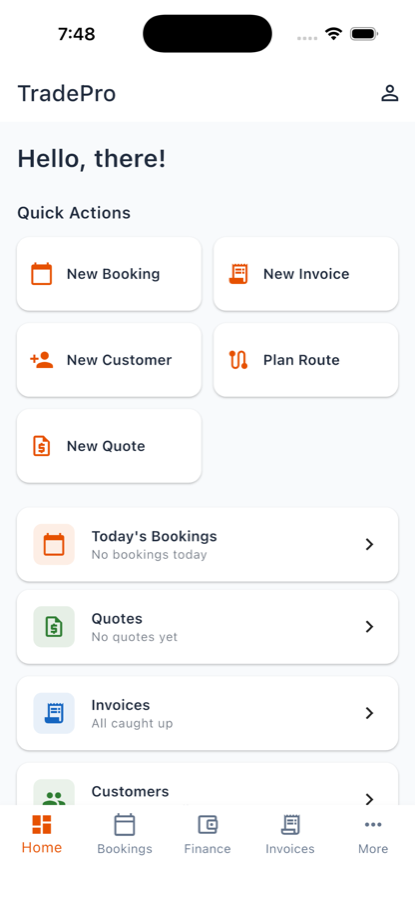 TradePro dashboard showing jobs, invoices, and quick actions for contractors